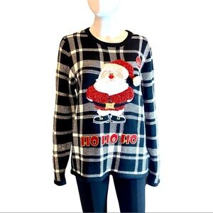 Holiday black and white houndstooth sweater with Christmas Santa size medium